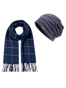 2PCS Multi-Color Optional Men's Autumn/Winter Warm Classic Plaid Scarf & Knit Beanie Set, Business Casual Thick Tassel Scarf & Warm Cold Hat Combination - Multicolor - View 9