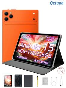 Qetupa 10.1-Inch Android 15 Tablet With Case, Keyboard, And Stylus, 8GB RAM And 128GB/256GB Internal Storage (Supports 1TB Expansion), 1280x800 Touchscreen, 5MP Front Camera And 13MP Rear Camera, 6000mAh Battery (Charging Adapter Not Included) - Orange - View 1