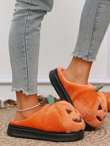 Halloween Pumpkin Party Slippers Women's Winter Home Fashion Indoor Slip-On Fuzzy Warm Shoes - Orange - View 5