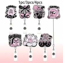 1 pièce/3 pièces/4 pièces Enrouleur de badge rétractable avec clip, motif crâne Halloween pailleté en acrylique noir et rose, convient aux professionnels de santé - Multicolore - Voir 6
