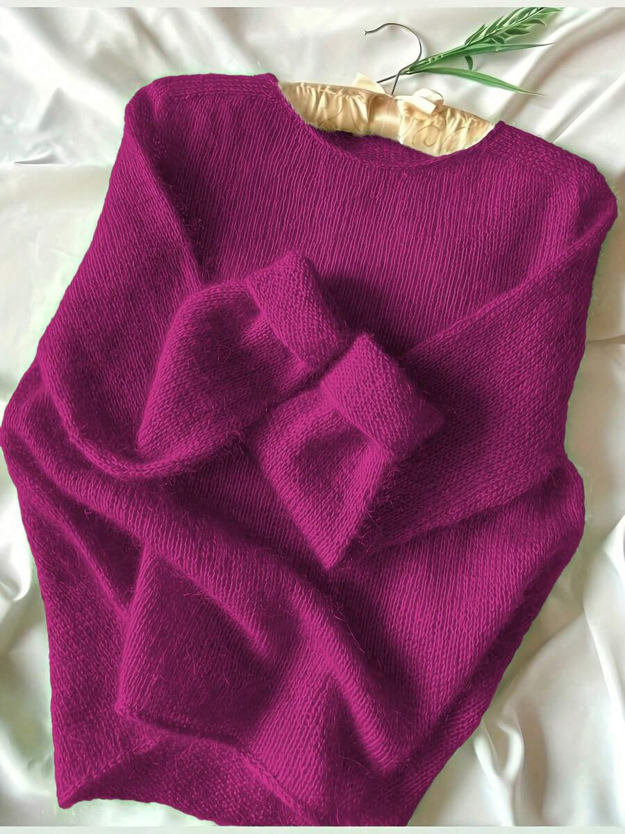 Women's Soft Round Neck Sweater, Vintage Fresh, Summer Casual, Solid Color Versatile Sweater, Detailed Shoulder Stripe Design, Summer/Autumn Lightweight Solid Color, Ribbed Long Sleeve Sweater For Vacation