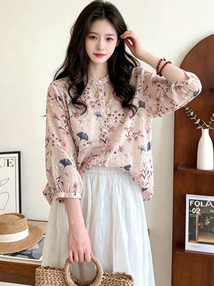 YUXIN Blus Wanita Longgar Motif Bunga Ditsy Retro Kerah V Lengan 3/4, Liburan Musim Panas Warna Pink Musim Semi