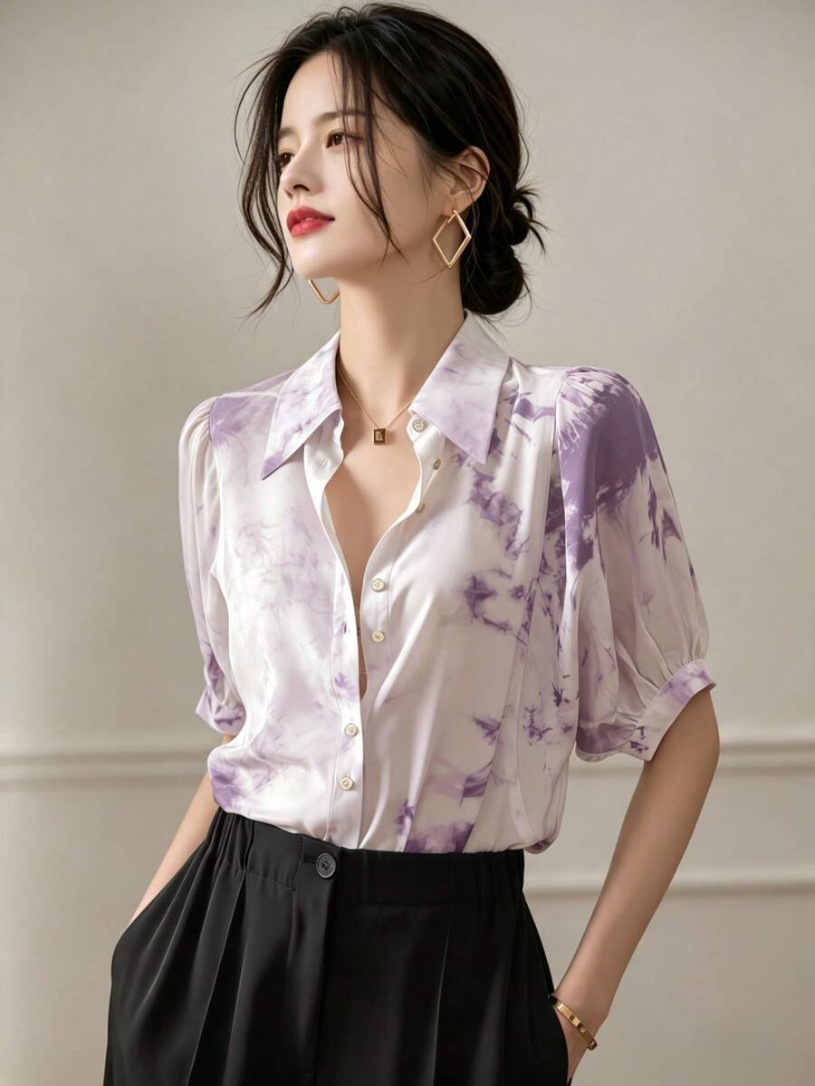 YUXIN 女士夏季水洗衬衫，复古优雅翻领花瓣袖宽松休闲通勤衬衫度假款