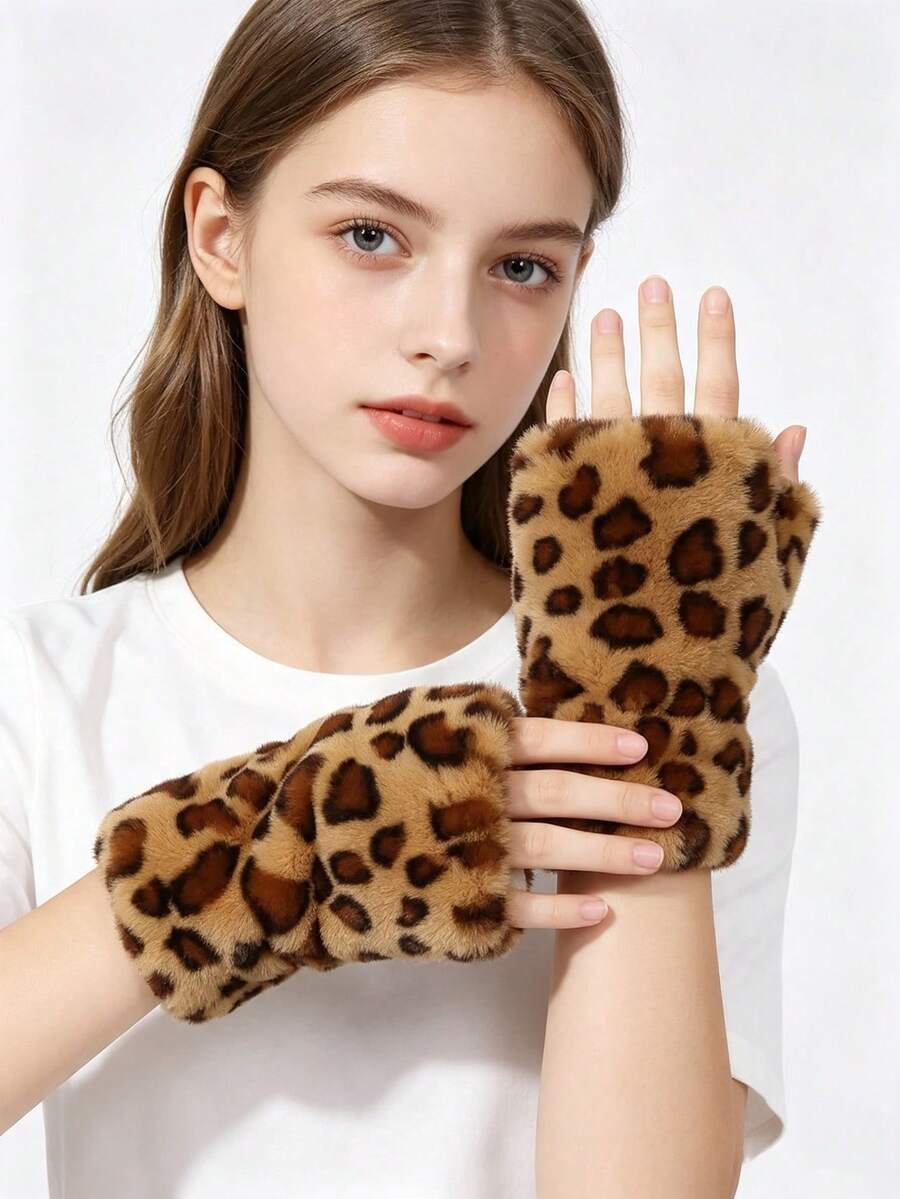 1 Pair Of Winter Half-Finger Leopard Print Gloves, Comfortable And Warm, Essential For Winter Cycling, Office Work, And Outdoor Activities. - Multicolor - View 1