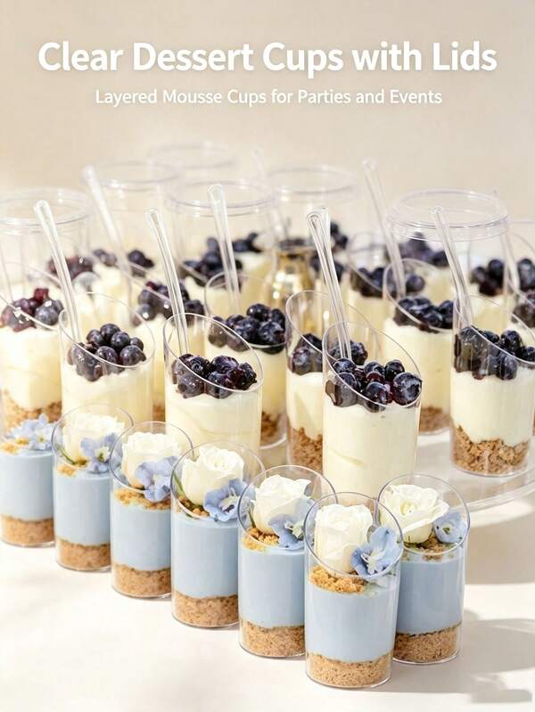50/25/10pcs Clear Slanted Dessert Cups, Ice Cream Dessert Cups, Mousse Cake Cups, Tiramisu Cups, Pudding Cups And Cheesecake, Suitable For Birthday, Party, Wedding, Holiday Decoration, Halloween, Christmas.