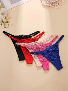 5pcs Sexy Girl Panties Minimalist Sexy Bow Thin Strap Multicolor Comfortable Women's Thong Adjustable T-Back - Multicolor - View 5