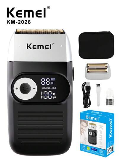 Kemei KM-2026 Men's Electric Shaver With Pop-Up Trimmer, Perfect For Shaving Hair And Face | Rechargeable Electric Shaver, 120-Minute Battery Life, With LED Display, Suitable For Both Wet And Dry Use