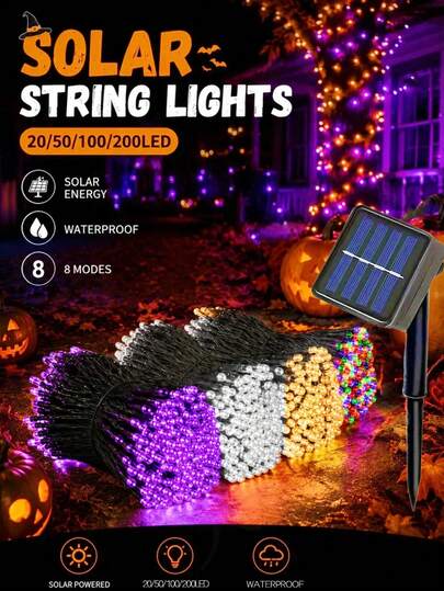 1 pieza Luces solares de cadena de Halloween moradas - 200/100/50/20LED, 8 modos de iluminación, luces de hadas IP65 resistentes al agua, encendido/apagado automático, jardín exterior, patio, balcón, ventana, valla, fiesta, porche, decoración de fiesta de Halloween