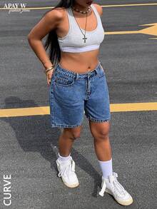 Damen-Bermuda-Denim Shorts in Große Größen, einfarbig, lässig für den Sommer - Dunkle Waschung - Übersicht 4