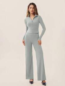 TimeOff Women's One Set Autumn/Winter Solid Color Stand Collar Jacket & High Waist Straight Leg Wide Leg Pants - Grey - View 8