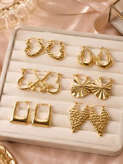 7pcs Vintage Gold Tone Stainless Steel Earrings, Hammered Twisted Rope Bow Fan Heart Geometric Textured Ear Jewelry, Women's Daily Wear