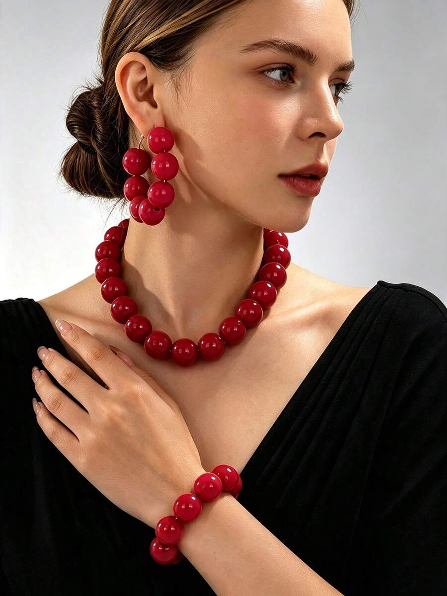 4pcs Bohemian Vintage Elegant Women's Beaded Necklace, Bracelet, Earrings Set, Suitable For Beach, Vacation, Party, Banquet, Daily Wear - Red - View 1
