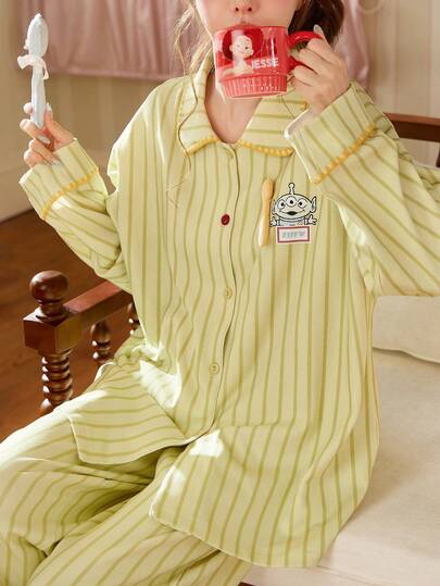 Gongdie Conjunto de pijama de 2 piezas para mujer Disney, ropa de estar en casa de algodón suave a rayas verde claro para primavera/otoño con ribete amarillo y estampado de alienígena
