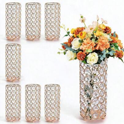 Juego de Jarrón de Columna de Cristal Dorado y Portavelas Garvee, Decoración de Centro de Mesa Cilíndrico para Boda & Hogar - Soporte Floral/Portavelas de Pilar, 20cm de Alto