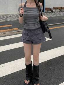 女款韓式露肩 2 合 1 掛脖短袖休閒 T-shirt - 灰色 - 查看 6