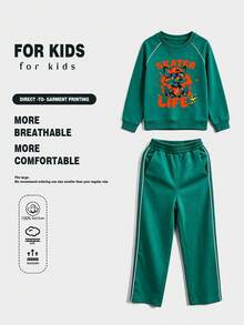 2pcs Kids Green Raglan Tracksuit DTG Skater Life Cool Fox Graphic Print Soft Cotton Breathable Sweatshirt With Side White Stripe - Green - View 1