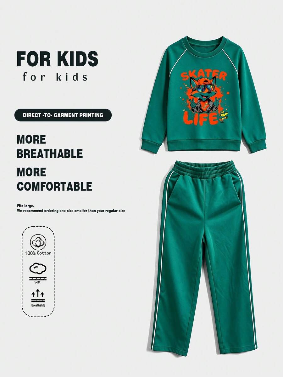 2pcs Kids Green Raglan Tracksuit DTG Skater Life Cool Fox Graphic Print Soft Cotton Breathable Sweatshirt With Side White Stripe - Green - View 1