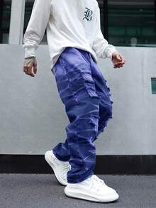 Men's Fashionable Casual Outdoor Ripped Straight Leg Jeans, Purple Leisure Street Jeans, Y2K Style Suitable For Urban Walking, Hanging Out, Outdoor Activities With Family - Dark Wash - View 4