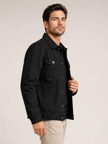 Jaqueta Jeans Masculina Preto Moderna Estilo Casual Homem Denim Moda Outono Inverno - Preto - Visão 3