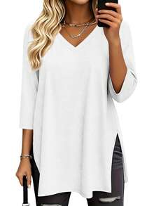 3pcs Plus Size Solid Color V-Neck Short Sleeve Casual Tops, Fashion Spring/Summer New Loose Fit Side Slit Mid-Length T-Shirts For Women, Versatile Streetwear Daily Outing Style - Black+White+Dark Grey - View 4