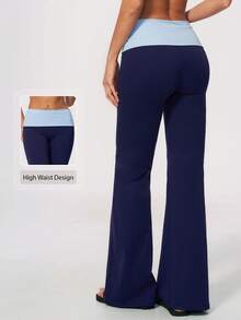 NcmRyu Women's 1pc Colorblock Folded High Waist Waistband Running Gym Yoga Pants With Flared Leg - Navy Blue - View 3