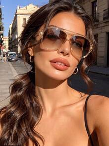 1PC Women's Multi-Color Plastic Aviator Oversized Retro Leopard Print, Personalized Street Handsome Fashion Vacation Y2K Dopamine Ocean Film Decorative Fashion Glasses Shades, Suitable For Beach, Seaside, Travel, Driving, Street Photography, Dating, Party, Etc. - Transparent Tea Frame and Tea Leaves - View 2