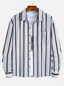 GOLDREDY Spring/Autumn New Men's Textured Vertical Striped Shirt, Vintage Jacquard Fabric, Single Pocket, Loose Fit, Lapel Collar, Long Sleeve Casual Shirt Outerwear Top - White - View 3