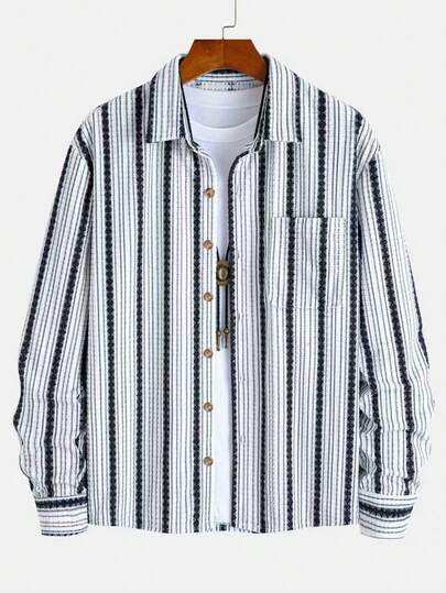 GOLDREDY Spring/Autumn New Men's Textured Vertical Striped Shirt, Vintage Jacquard Fabric, Single Pocket, Loose Fit, Lapel Collar, Long Sleeve Casual Shirt Outerwear Top