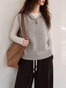 Women's Autumn/Winter Minimalist Casual Elegant Solid Color Hooded Knit Cardigan Sweater Vest Top Fall - Apricot - View 4
