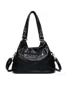 Nicekee Fashionable Versatile Simple Solid Color Handbag,Adjustable Long Shoulder Strap,Large Capacity Retro Tote Bag,Suitable For Commuting Shopping - Black - View 5