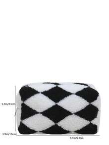 Tas Mewah Bulu Domba Keriting Tas Kosmetik Serbaguna Motif Kisi Berlian Warna Kontras Blok Warna Tas Genggam Kasual Tas Kecil Hangat dan Lembut Tas Pelajar Tas Penyimpanan Kotak Pensil Pelajar - Hitam dan Putih - View 3