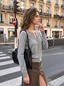 Autumn Women Gray Ruffle Knit Cardigan Round Neck Button Front Long Sleeve Casual Tops Elegant Vacation Going Out Outfits For Women - Grey - View 3