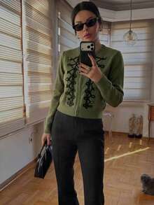 Women's Vintage Frog Button Zipper Knit Cardigan, European Style Round Neck Long Sleeve Short Jacket, Autumn/Winter Casual Versatile Knit Sweater Fall - Army Green - View 3