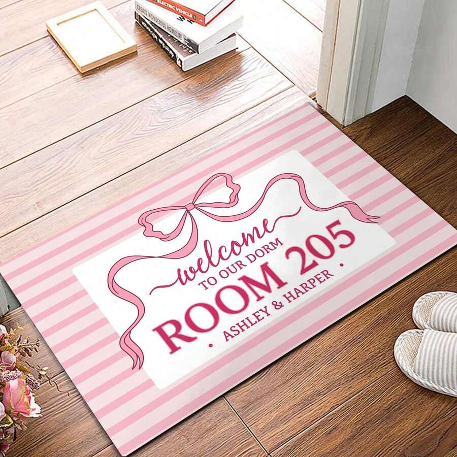 1PC Personalized Welcome To Our Dorm Bow Doormat Rug Pink Theme Coquette Bows Door Mat Indoor Outdoor Dormitory Bow Ribbon Entrance Mats Girly Dorm Apartment Decor Nonslip Washable Rug For Girls - Style 1 - View 1