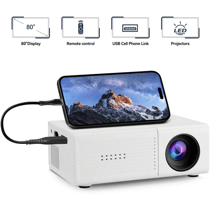 迷你便攜投影機,支援 Full HD 1080P,內建喇叭,適用於智慧型手機,相容 USB/隨身碟,相容於 /,小型行動電影投影機,適合劇院、戶外電影,禮品(不含插頭) - 白色 - 查看 1