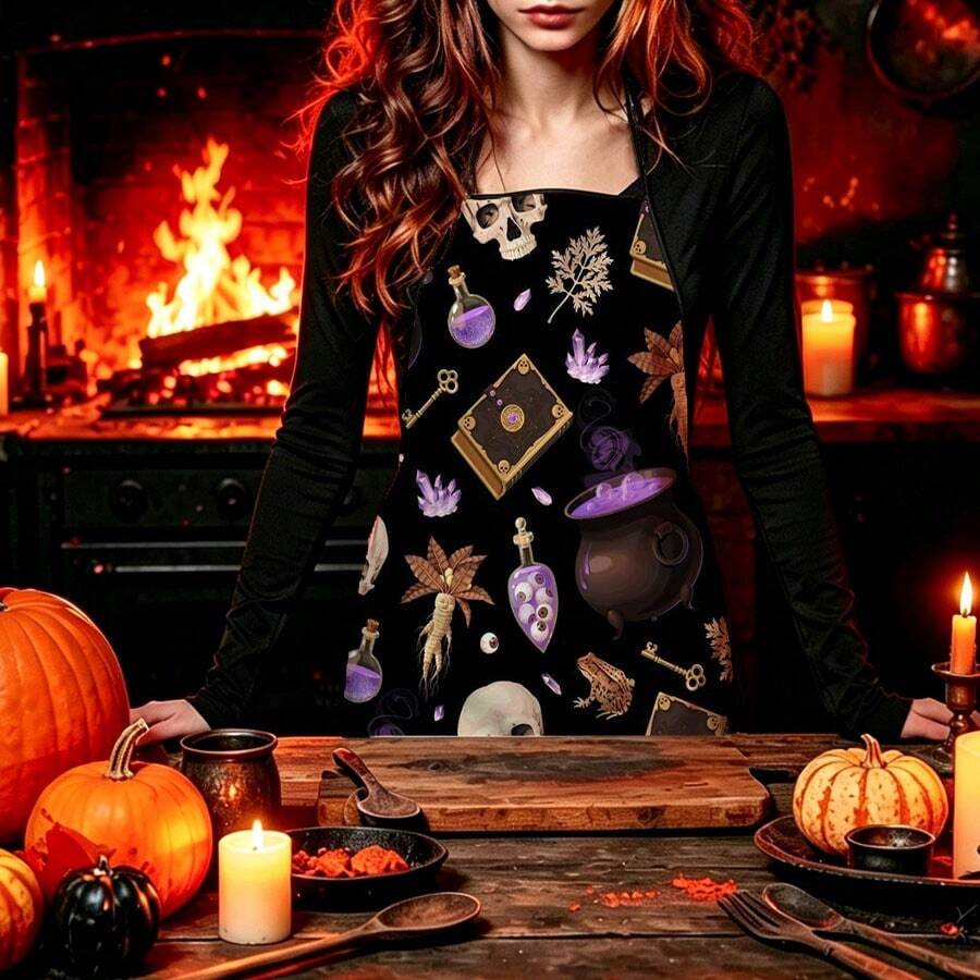 1pc Halloween Mysterious Magic Witch Print Apron, Featuring Magic Potion, Skull, Mandrake, Old Key Patterns, Durable Cooking Apron Suitable For Bakers, Cake Decorators, BBQ Enthusiasts, Gardeners, Painters, Nail Artists - Perfect Gift For Home And Professional Chefs - Multicolor - View 1