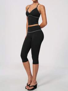 NcmRyu Women's One Set Contrast Color White Line Spaghetti Strap V-Neck Y-Back Tank Top & Butt-Lifting Mid-Length Shorts Sports Set - Black - View 6