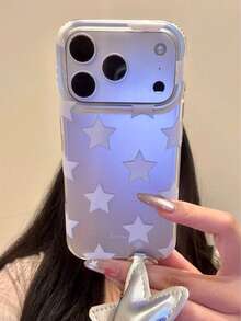 Korean Style Silver Background Full Screen White Stars English Lettering Phone Case Compatible With Iphone 17 Pro Max, Apple 16, 15 Pro Max With Matching Star Pendant - Multicolor - View 1