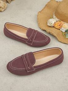 Women's Minimalist Casual Round Toe Slip-On Loafers, Burgundy Faux Suede Flat Shoes, Easy-To-Wear Soft Comfortable Daily Commute Driving Moccasins - Burgundy Frosted - View 8
