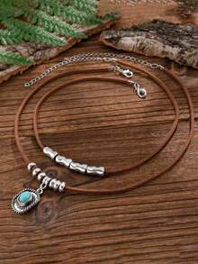1 Set 2pcs Layered Hot-Selling Vintage Turquoise Necklace Korean Velvet Layered Dragonfly Alloy Hollow Water Drop Pendant Necklace - Multicolor - View 4