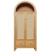 Wardrobe 181x78x45 Cm With Rattan Weave, Country Style In Oak Finish, Open Semi-Circular Shelf, 2 Doors With Magnetic Closure, 2 Drawers, Clothes Rail And Tip-Over Protection - 駝色 - 查看 7