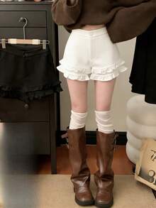 Women's Ruffle Waistband Shorts With Pockets, Basic Loose Comfortable Casual Pants White Summer - White - View 4