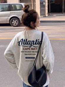 Kaos Lengan Panjang Wanita Model Longgar Minimalis Serbaguna dengan Motif Huruf untuk Musim Semi/Gugur - Abu-abu muda - View 5