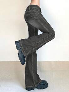 Women's Y2K Flared Jeans With Pockets, Autumn Casual Spring Fall - Dark Grey - View 3