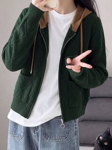 Women's Contrast Color Hooded Zip-Up Knit Cardigan, Autumn/Winter New Style, Dark Green Argyle Jacquard Fabric With Brown Hood Trim And Drawstring, Round Ring Zipper + Dual Side Patch Pockets, Ribbed Hem, Loose Casual Fit For Daily Outings And Commuting - Dark Green - View 5