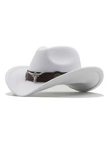 1pc Pure Black Faux Wool Western Cowboy Hat With Dark Brown Leather Hat Band, Decorated With Silver Bull Head Badge And Vintage Metal Round Buckle, Black And Brown Contrast Cool Style, Shapeable Wide Brim, Outdoor Travel Photography Western Style Versatile Sun Protection Hat, Unisex - Top Hat - View 17