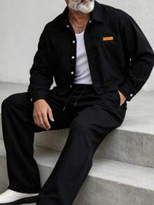 Premium Solid Color Short Work Jacket & Draped Loose Wide Leg Trousers Men's Spring/Autumn 2 Pieces Set Minimalist Outfit - Black - View 4