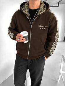 Men's Leopard Print Lining Hooded Zip-Up Jacket With Side Stripes, Loose Oversized Vintage Y2K Streetwear Style Warm Coffee Color Hooded Coat With Pockets - Coffee Brown - View 3