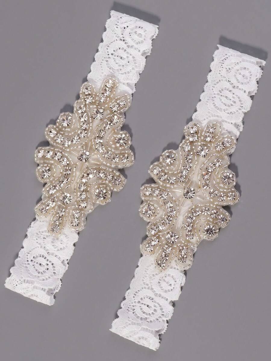 2pcs Women's Luxury Style Wedding Rhinestone Pearl Lace Elastic Bridal Garter, European And American Wedding Bride Personalized Decorative Leg Band