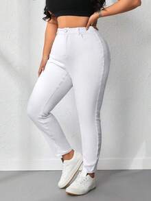 Plus Size White Slim Fit Jeans With Pockets, High Stretch Fabric, Suitable For Casual Autumn Wear - White - View 4